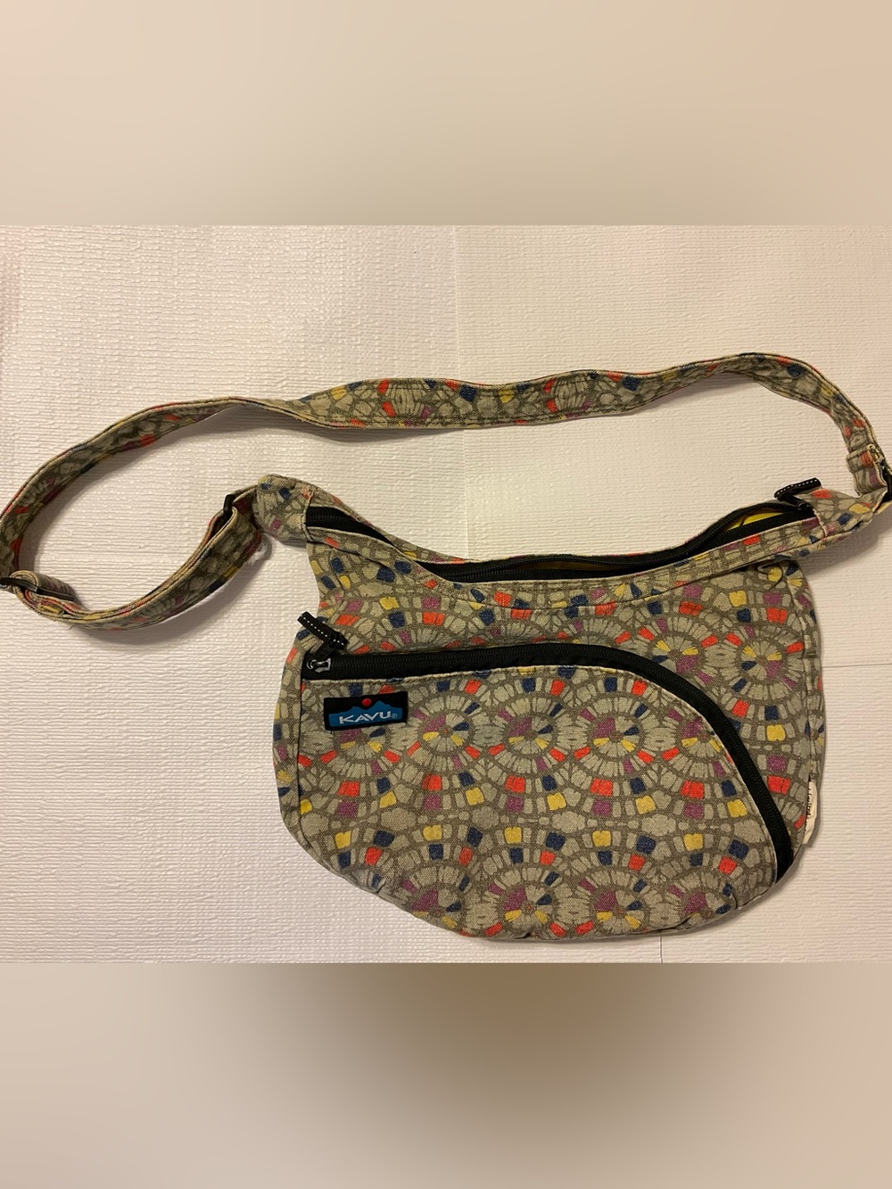 KAVU Beige Crossbody Bag with Multicolor Mosaic Accents